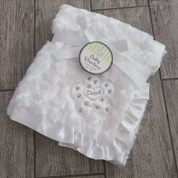 Baby Starters Other - Baby Starters NEW White Plush Satin Trim Blanket 30"x40" Sweet Flower Embroidery